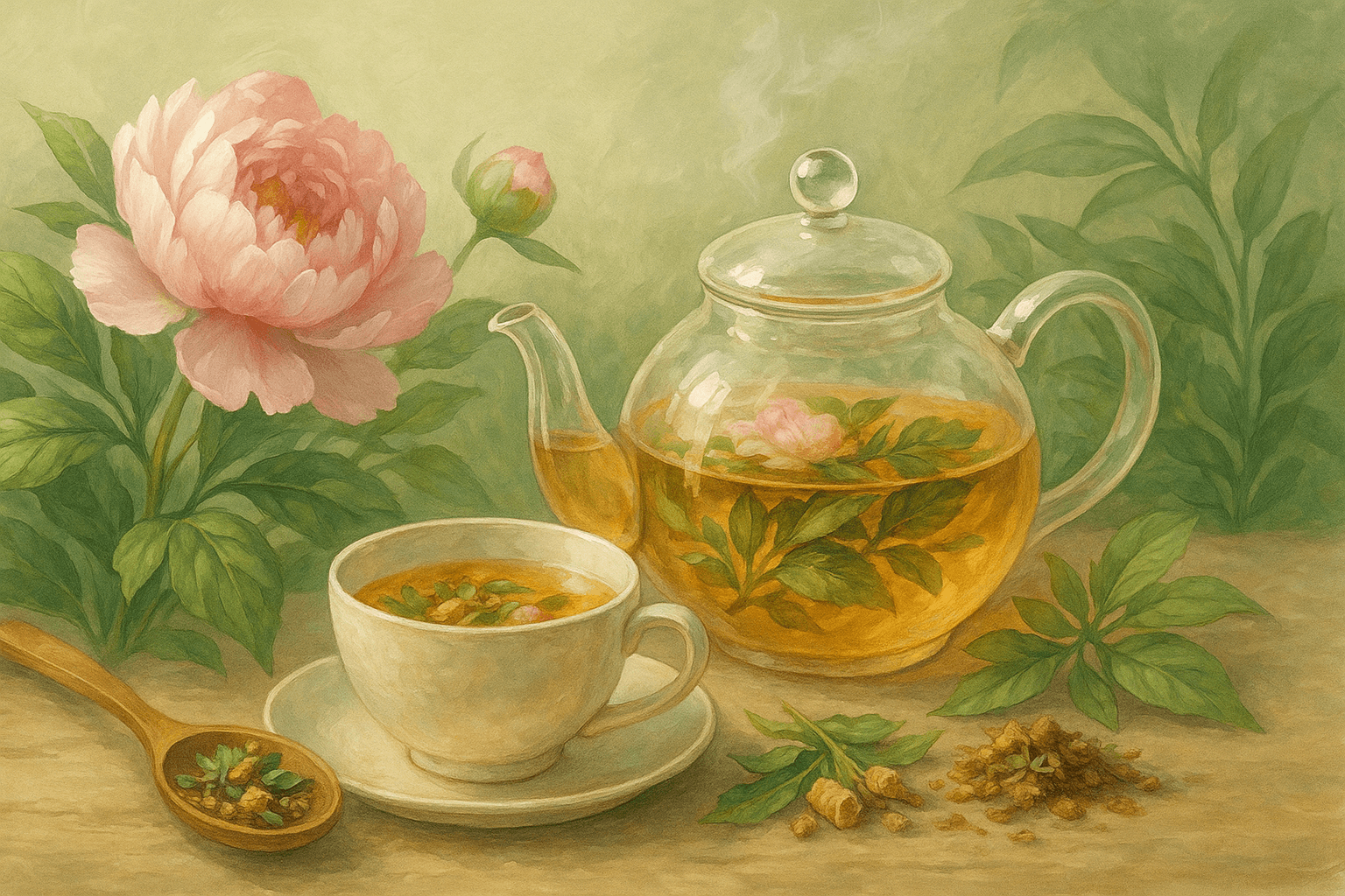 작약꽃과 허브 차 재료가 어우러진 따뜻한 장면