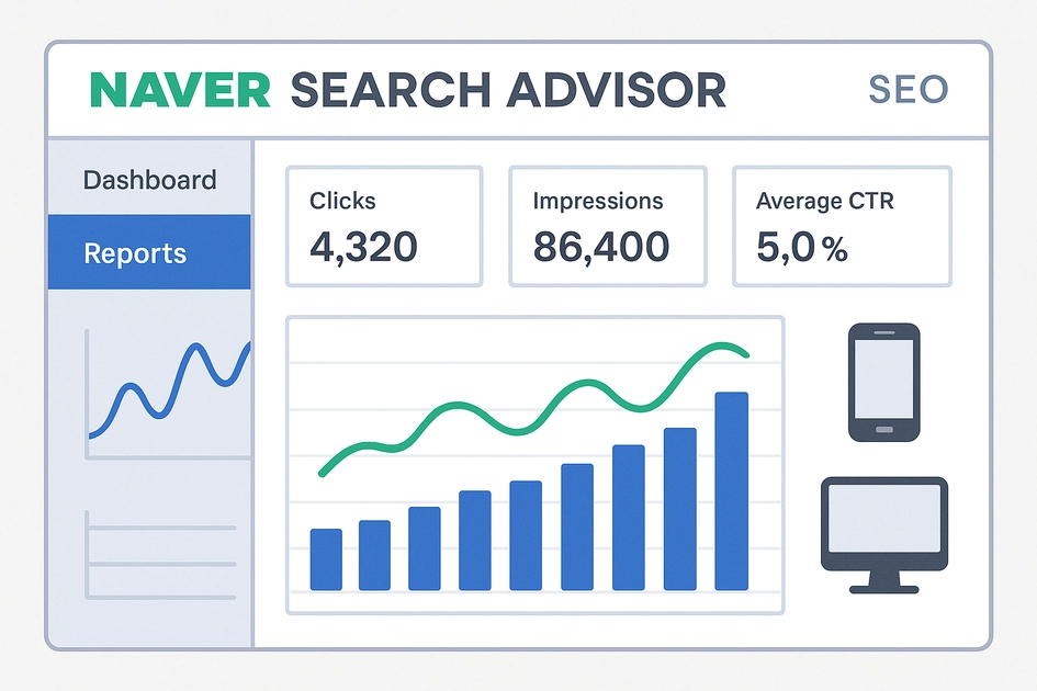 네이버 서치어드바이저 웹마스터도구 대시보드 인터페이스 - 검색 성과 분석 그래프와 SEO 최적화 지표를 보여주는 전문적인 디지털 마케팅 일러스트