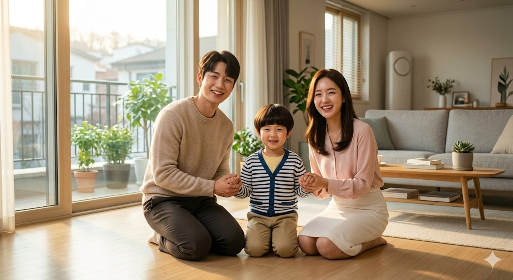 The three family members smiling happily in a sunny living room at the ending scene.