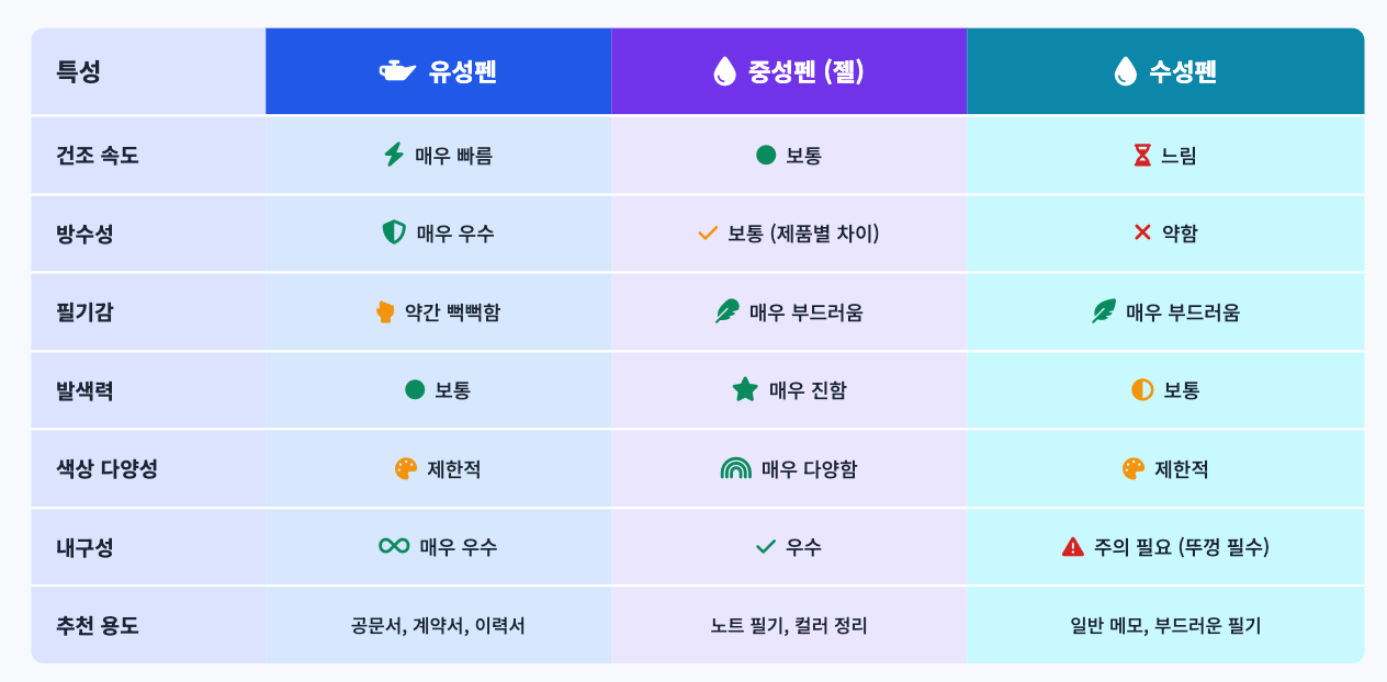볼펜 종류-유성 중성 수성펜 특성 관련 사진