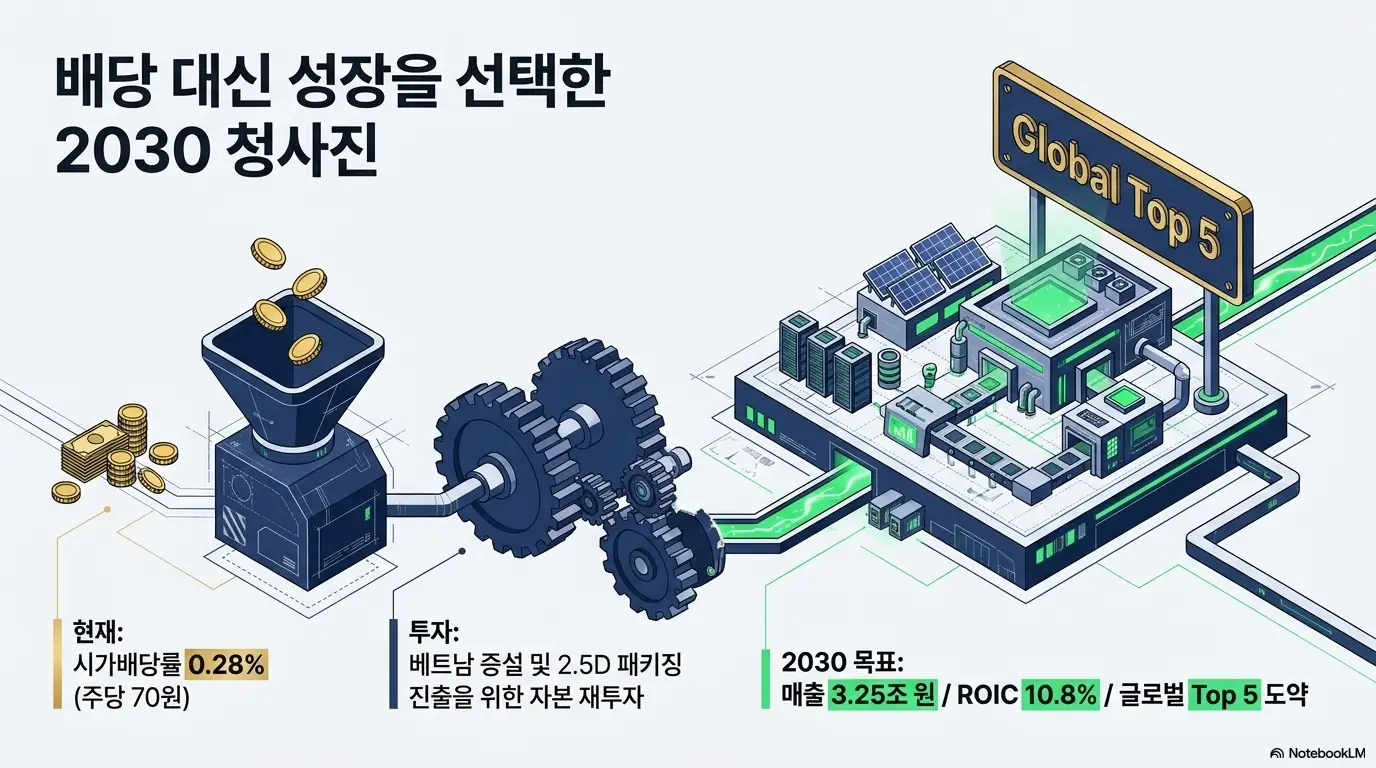 하나마이크론 주가 전망: 동전과 공장 설비&amp;#44; 글로벌 톱5 표지판을 연결한 이미지로 하나마이크론의 주주환원 방향을 보여준다. 시가배당률 0.28%의 낮은 배당 대신 베트남 증설과 2.5D 패키징에 재투자해 2030년 매출 3.25조 원과 ROIC 10.8%를 목표로 함을 담았다. 배당보다 성장 중심 전략을 설명한다.