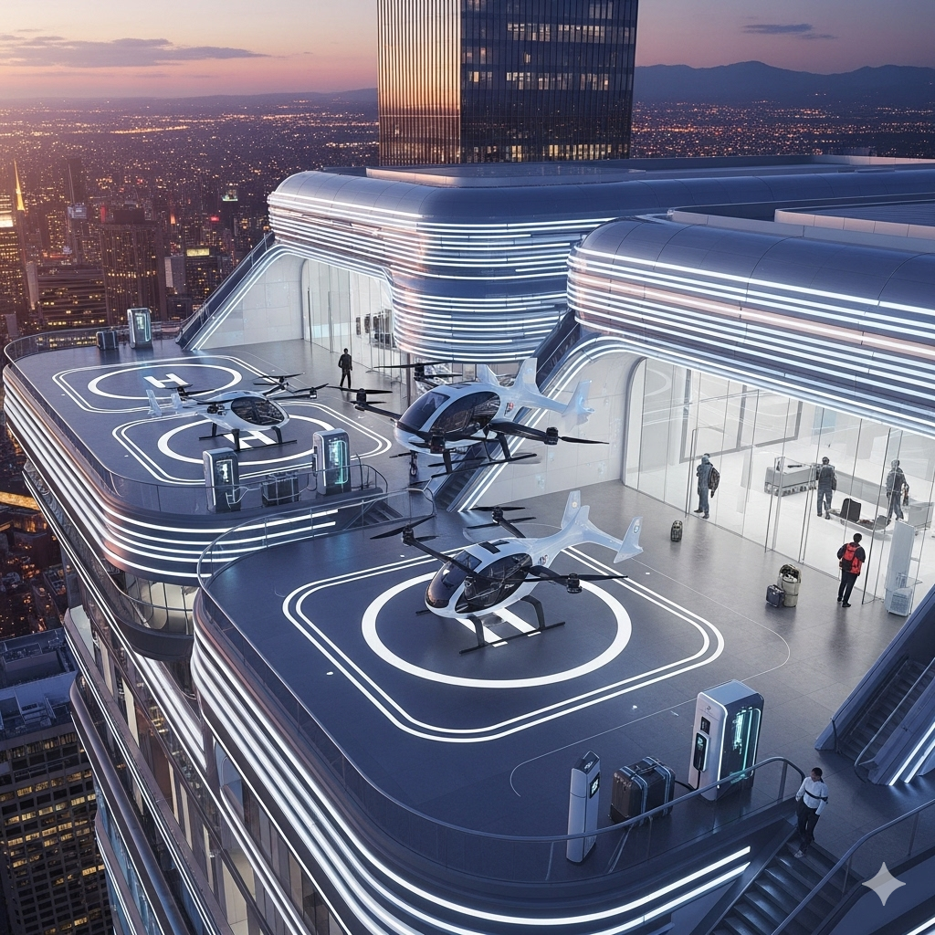 버티포트 주요 특징
수직 이착륙: 활주로 없이 헬기처럼 수직으로 뜨고 내려 도심 설치가 용이
전기 동력 eVTOL 운용: 헬기 대비 저소음, 저진동, 무배출가스가 특징
도심 접근성: 도시 중심부나 주요 교통 결절점에 위치하여 접근성을 극대화
복합 터미널 기능: 단순한 이착륙장을 넘어 승객 터미널, 충전, 정비 시설 등을 포함
네트워크 통합: 미래 UAM(도심 항공 모빌리티) 교통 관리 시스템과 연동