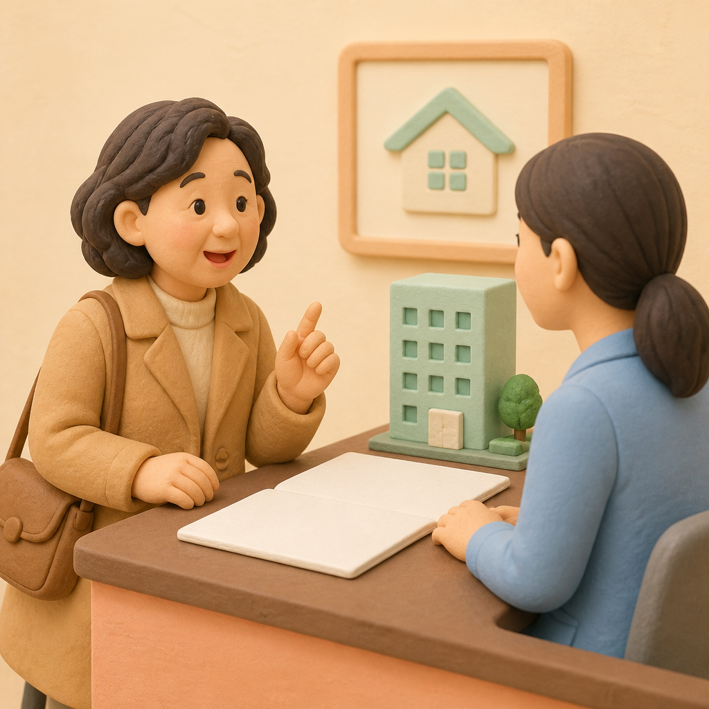 부동산 사무소 상담 창구에서 계약 조건을 묻는 50대 여성