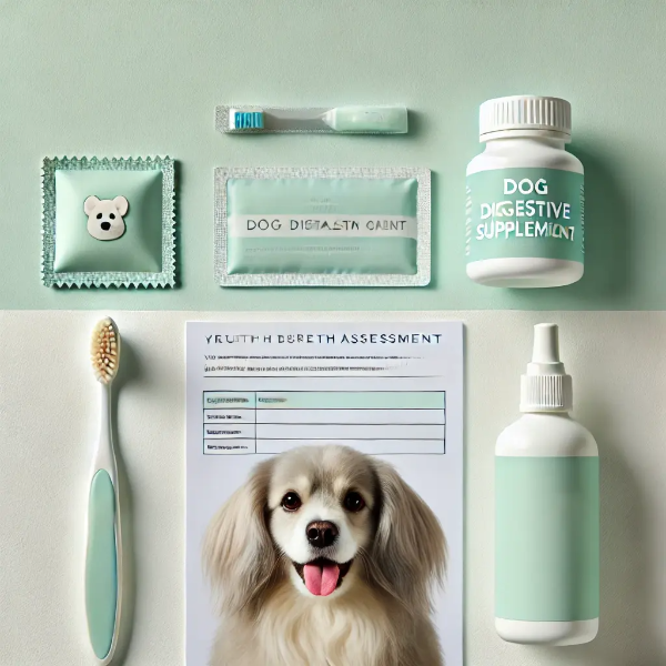 백색 배경 위에 반려견용 칫솔, 덴탈 젤, 프로바이오틱스, 구취 점수 카드가 정돈된 구성