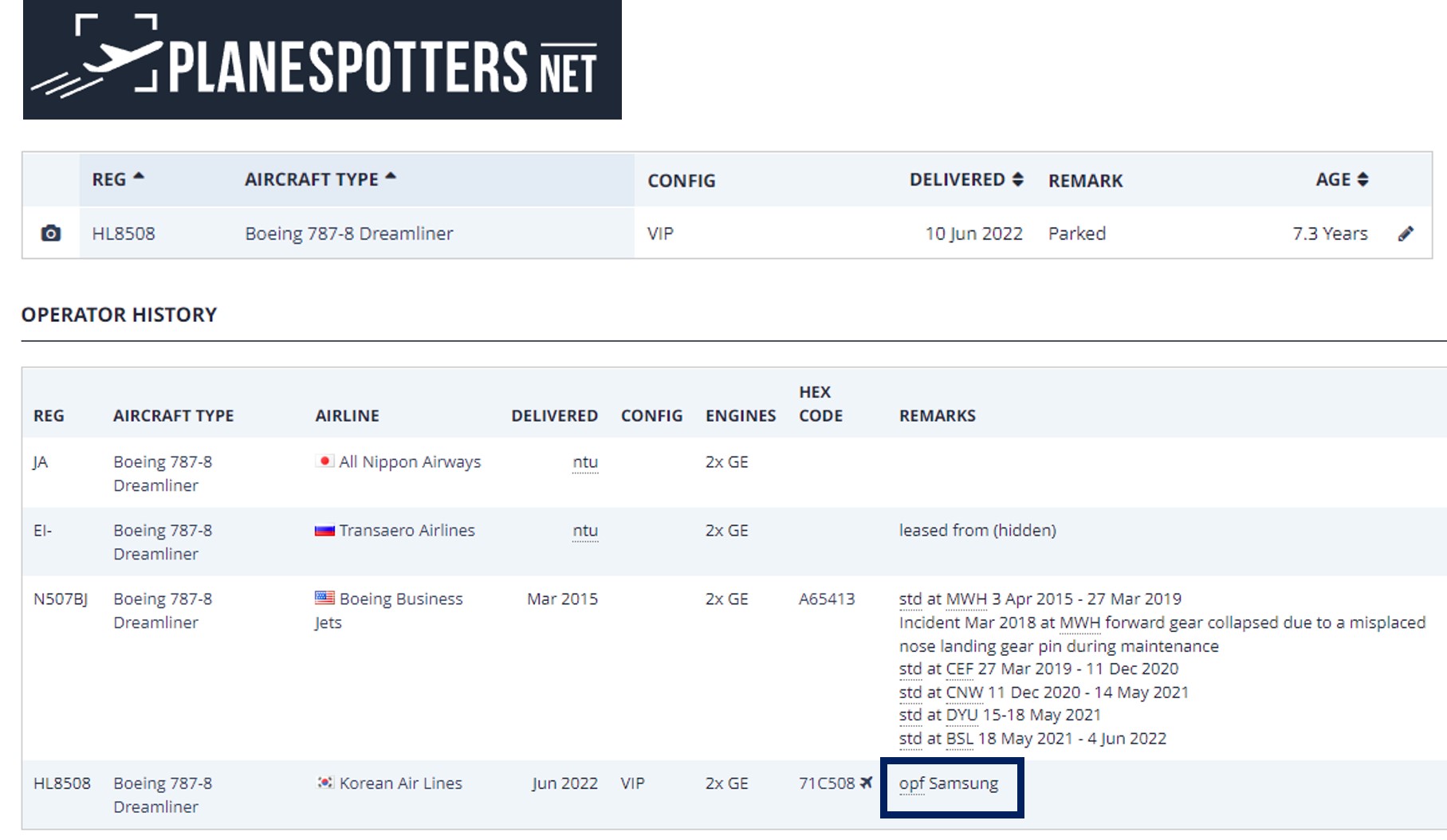 PLANESPOTTERS 홈페이지에 등록된 B787 BBJ 대한항공의 사용 용도는 삼성 전용기