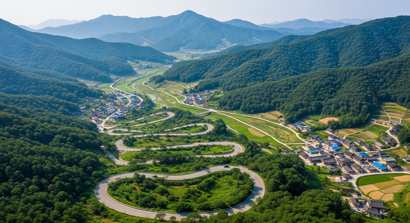 구불구불한 용이나 뱀처럼 생긴 산길을 부감 샷으로 내려다본 모습. 풍수지리 개념을 시각적으로 표현하며 '파묘'의 땅에 대한 메시지를 상징