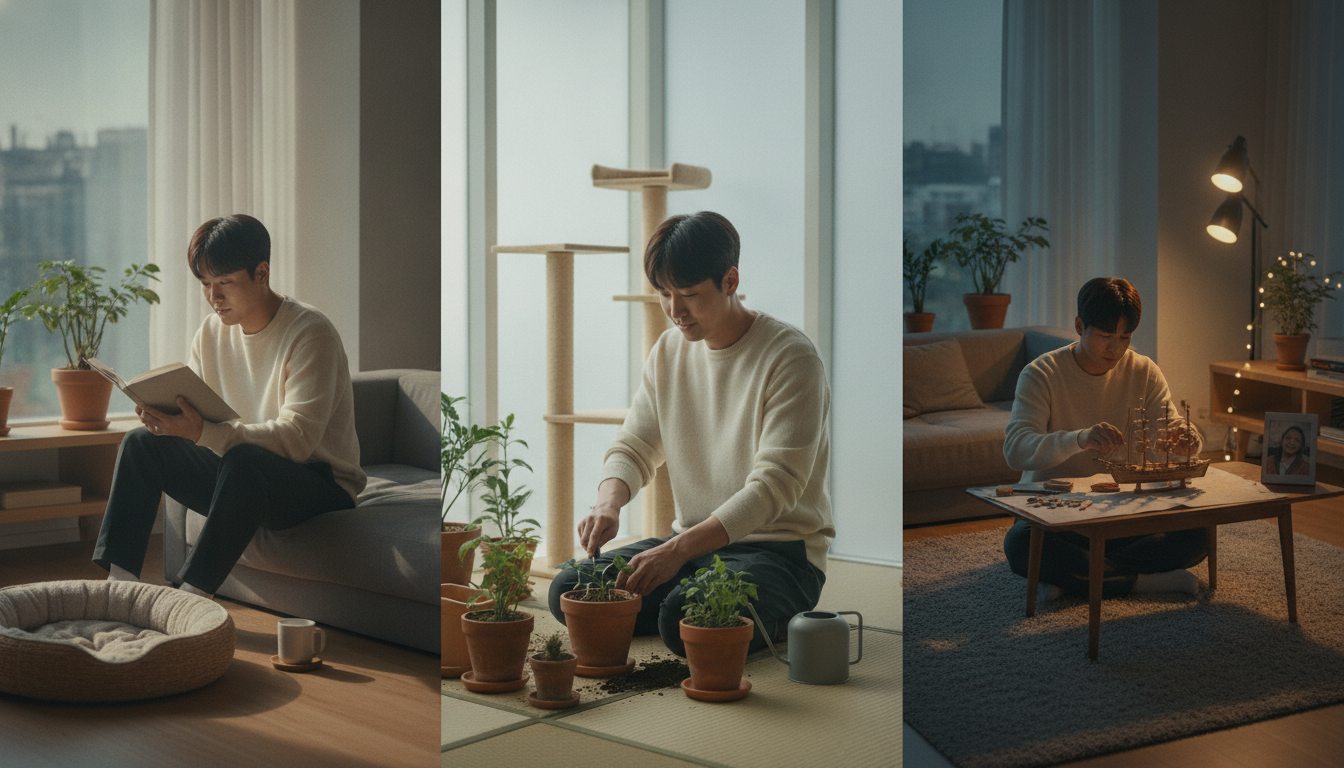 반려동물 사별 후 새로운 일상에 적응하며 평화로운 시간을 보내는 한국 남성의 모습