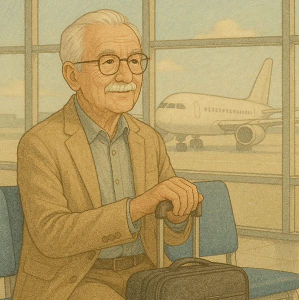 공항에서 비행기를 기다리는 할아버지의 모습