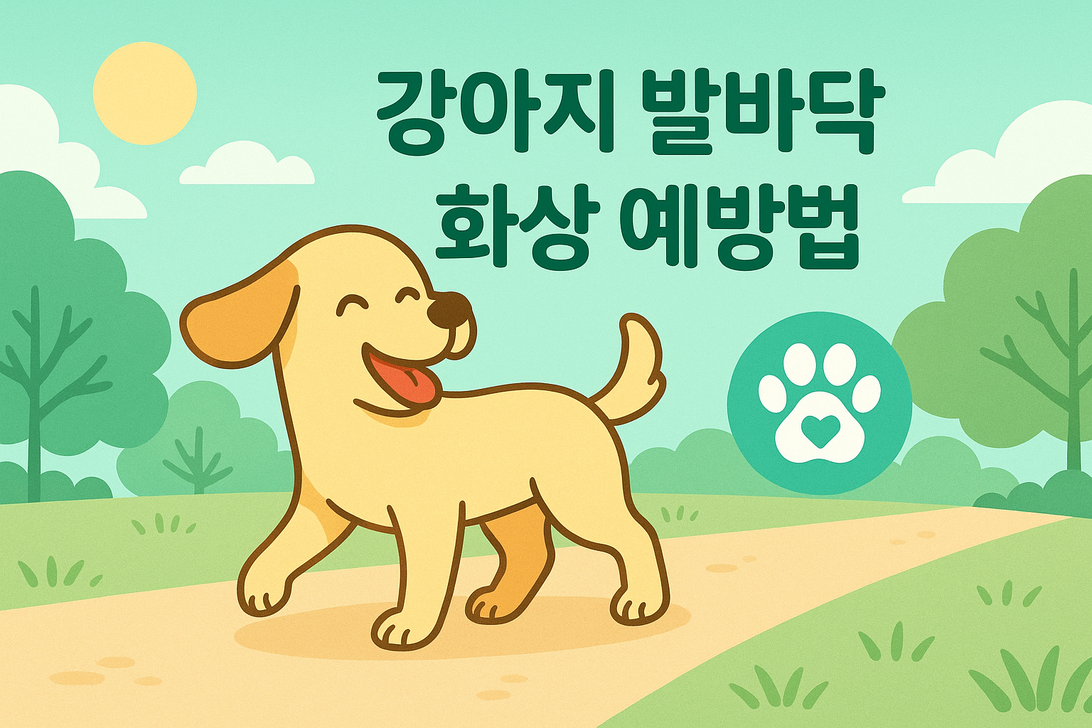 여름 햇볕 아래 강아지 발바닥을 보호하는 귀여운 일러스트 이미지