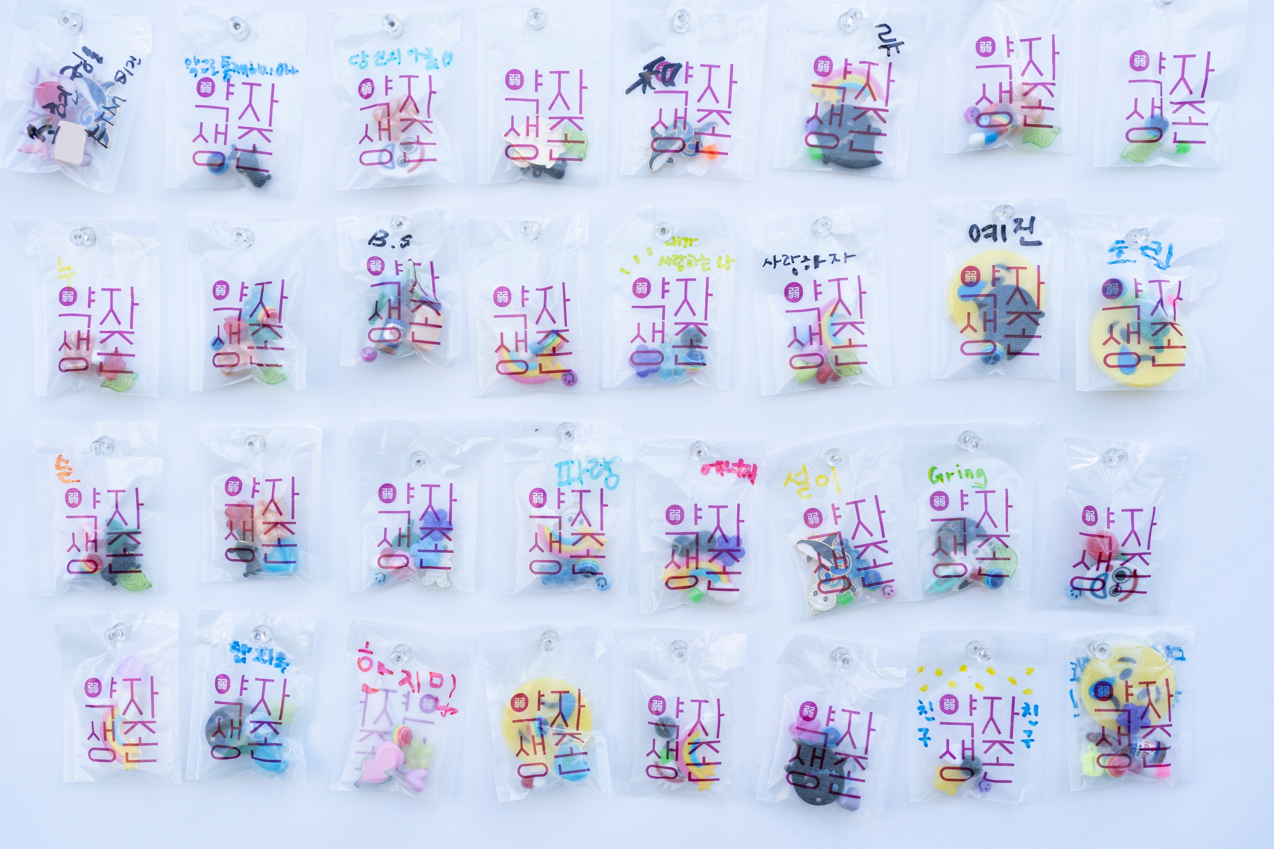 다양한 종류의 모형이 들어간 약포지가 일렬종대로 캔버스에 고정되어 있다. 어떤 개체는 이름과 메시지가 적혀 있다.