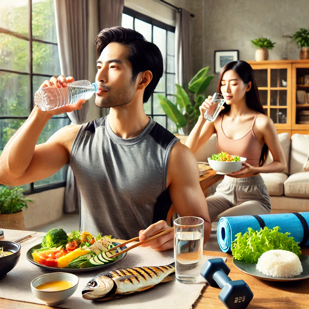 건강한 습관을 실천하는 모습 (운동, 건강한 식사, 수분 섭취 등)