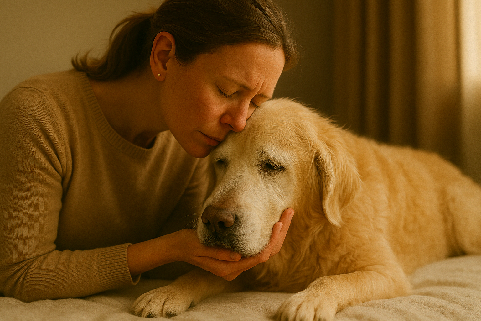 방 안에서 많이 힘들어보이는 골든리트리버 성견 1마리가 힘없이 엎드려 있고 반려인이 슬픈 표정으로 얼굴을 맞대며 손으로 반려견의 턱을 받치고 있음