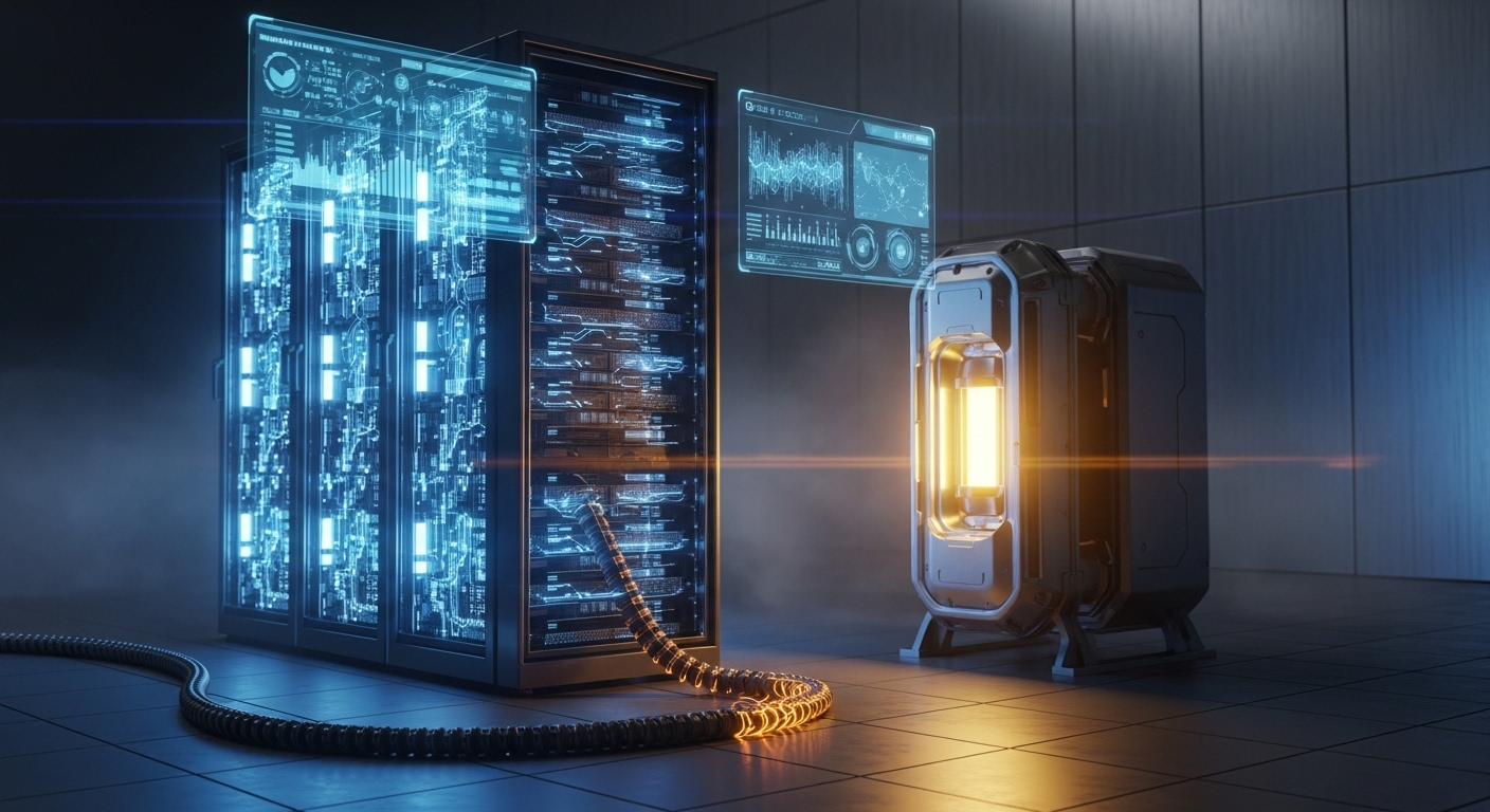 AI 데이터센터(서버랙)와 그 옆에 설치된 SMR(소형 모듈 원전)이 전력을 직접 공급하는 미래형 일러스트