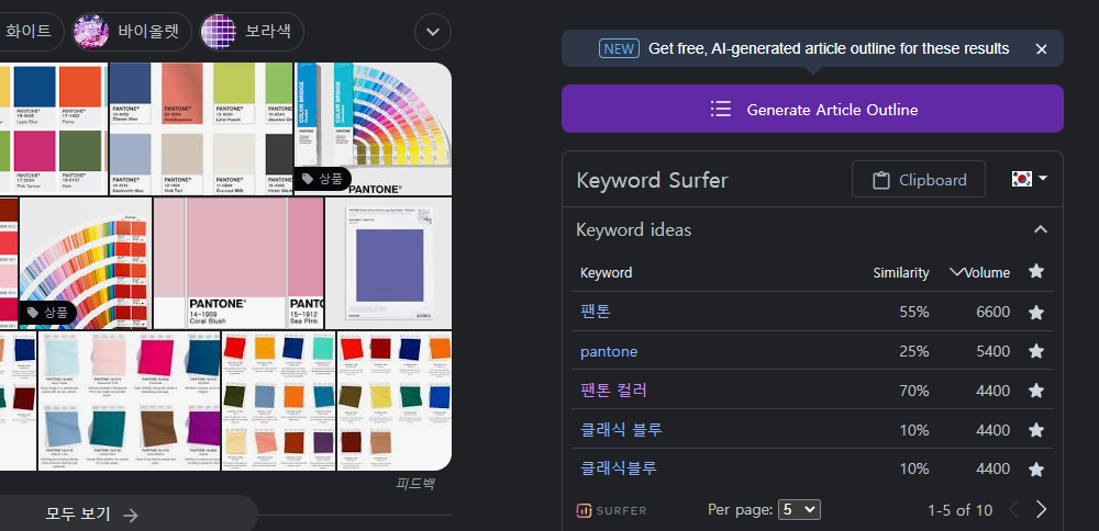 구글 검색어 검색 결과 / 키워드 서퍼(Keyword Surfer) 통계