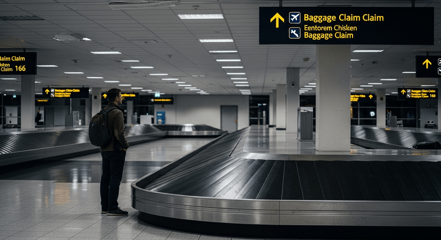 암스테르담 스키폴 공항 수하물 수취대에서 멈춘 컨베이어 벨트 앞에 홀로 서 있는 남성 여행자의 뒷모습