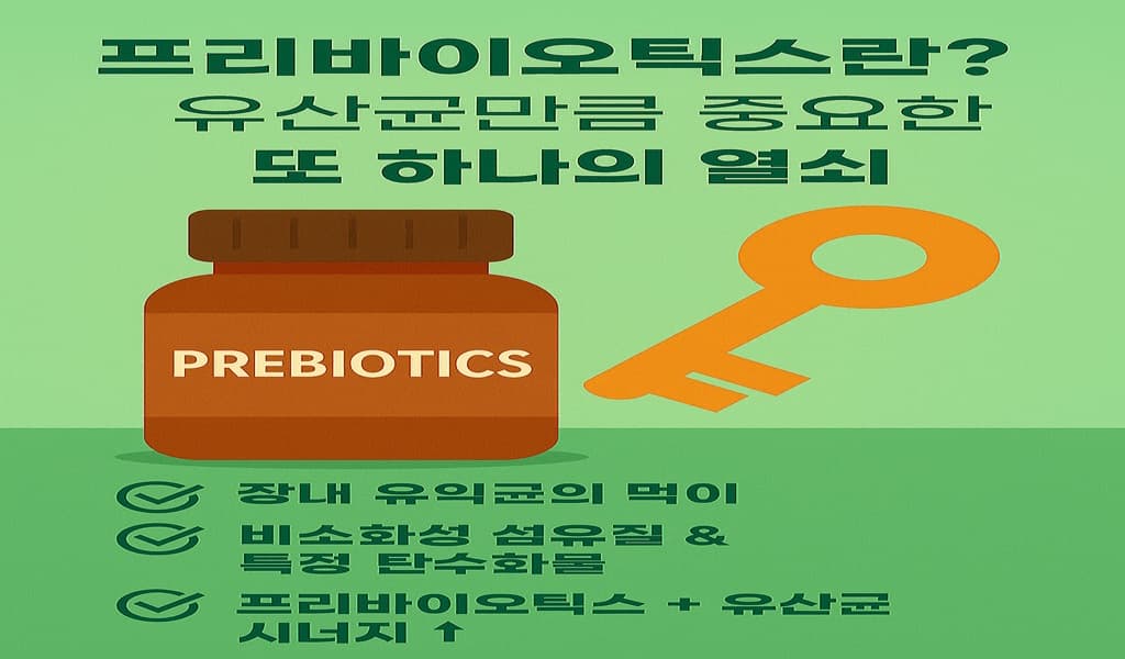 &ldquo;프리바이오틱스 보충제와 열쇠 아이콘이 함께 구성된 장 건강 인포그래픽&rdquo;