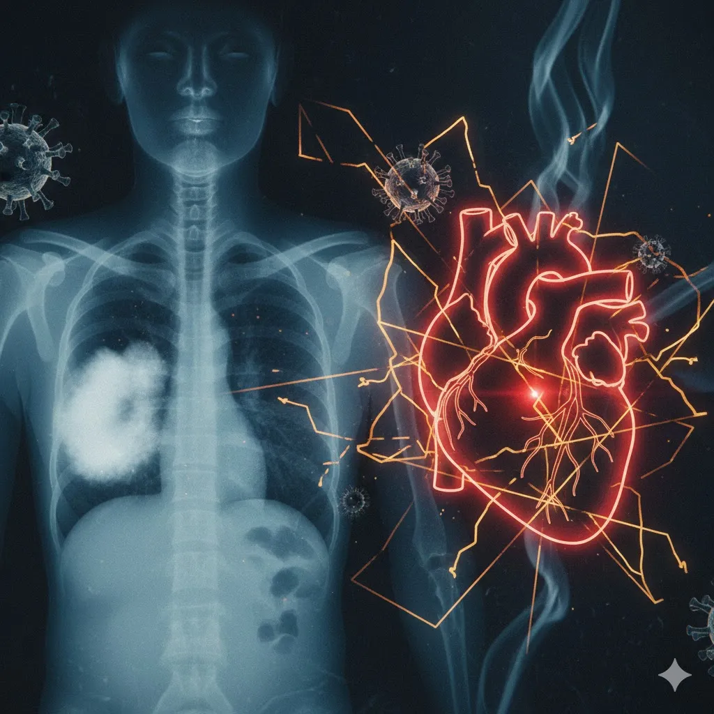 폐렴을 상징하는 흐릿한 폐 엑스레이 이미지나 심장을 에워싸는 불안정한 그래픽 요소를 어두운 톤으로 표현합니다. 주변에는 경고를 나타내는 노란색 또는 주황색 선이 복잡하게 얽혀 있거나&amp;#44; 독감 바이러스가 신체 내부를 침투하는 듯한 모습을 추상적으로 그려낼 수 있습니다. 긴장감과 불안감을 조성하는 분위기 연출이 중요합니다. 