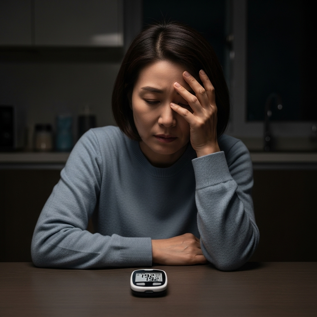 [이미지 1: 한 40대 한국인 여성이 늦은 밤 부엌 식탁에 홀로 앉아 혈당 측정기를 보며 지친 표정으로 얼굴을 감싸고 있는 모습]
