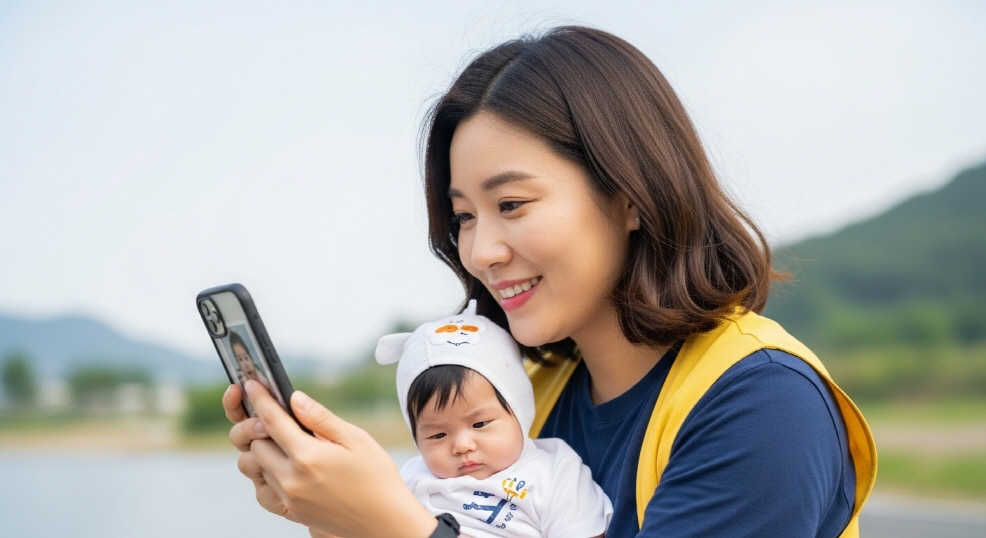 휴대폰으로 자녀 사진을 바라보는 엄마