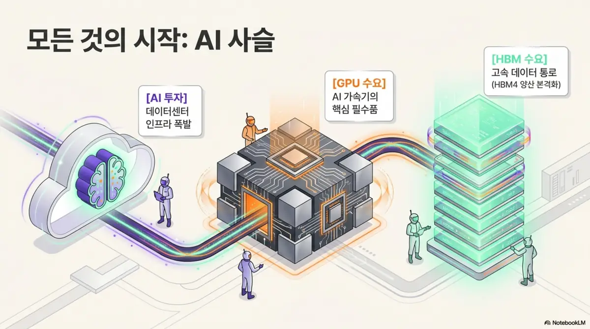 반도체 소부장 대장주: AI 사슬&amp;#39;을 보여주는 인포그래픽으로&amp;#44; AI 투자에 따른 데이터센터 인프라 폭발이 GPU 수요로&amp;#44; 다시 HBM 수요로 이어지는 흐름을 시각화함. 반도체 소부장 관련주가 주목받는 근원이 AI라는 점을 설명하며&amp;#44; HBM4 양산 본격화와 연결되는 수요 사슬을 담고 있음.