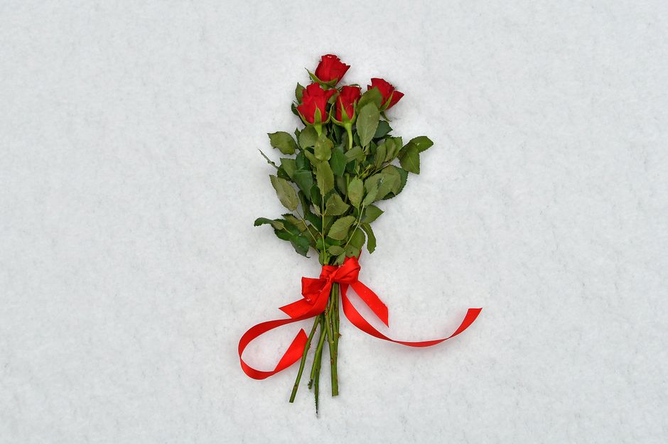 A bouquet of red roses with a ribbon lies on a snowy background, symbolizing love.