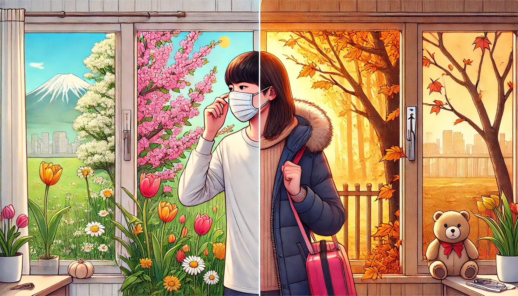 봄과 가을의 변화 속에서 마스크를 쓰고 외출 준비하는 사람의 이미지