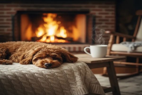 따뜻한 담요 위에서 벽난로의 불빛을 받으며 편안하게 잠들어 있는 푸들 강아지의 모습