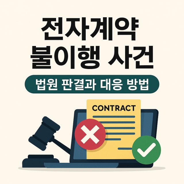 전자계약 불이행 사건과 법원의 판결 사례, 대응 방법을 설명하는 대표 이미지로 디지털 계약의 법적 책임과 예방을 강조합니다