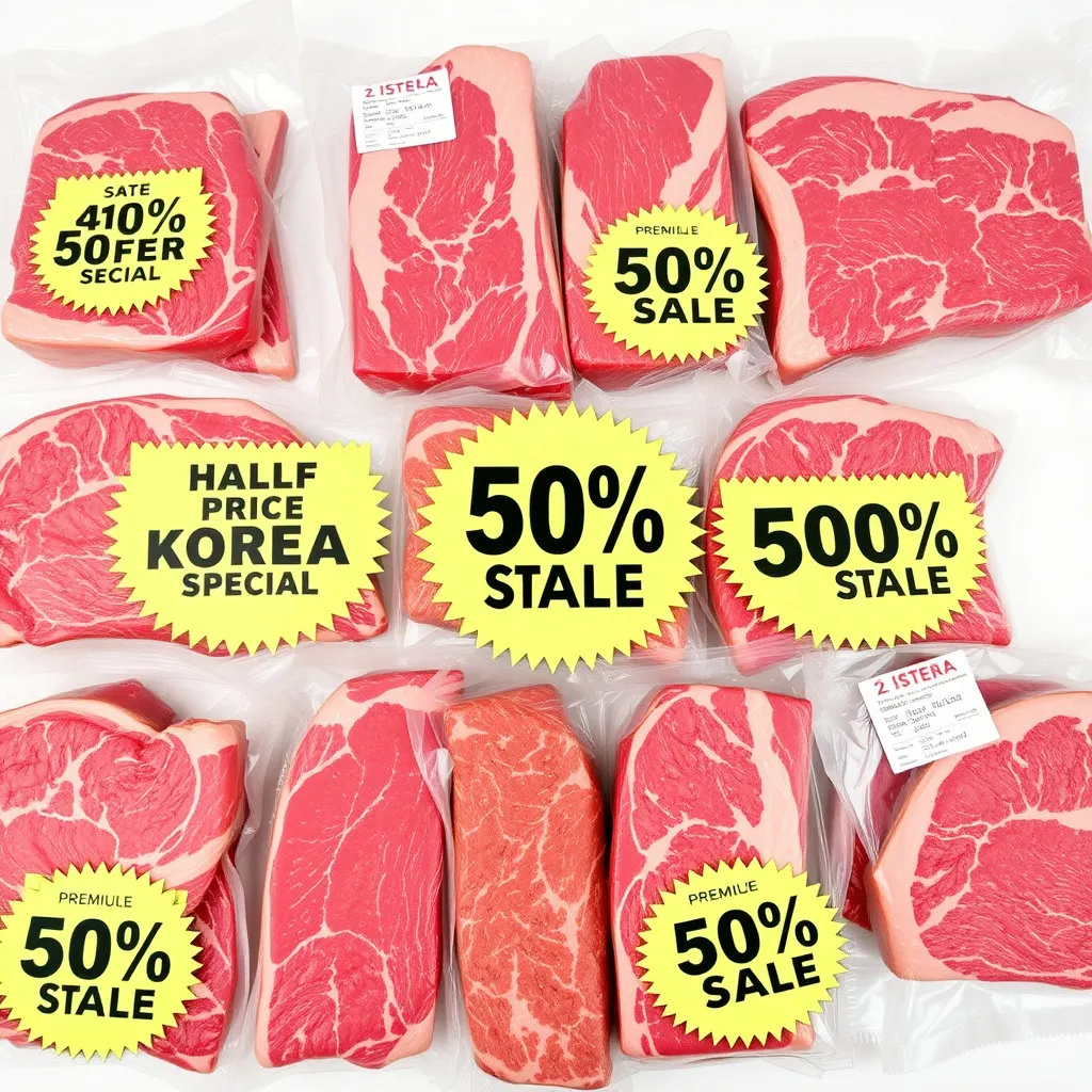 마블링이 뛰어난 한우 등심, 안심, 채끝 등 인기 부위들이 진공 포장되어 깔끔하게 진열된 모습입니다. 각 포장 위에는 '반값 특가', '50% SALE'과 같은 할인율 스티커가 붙어있어 구매 욕구를 자극합니다.