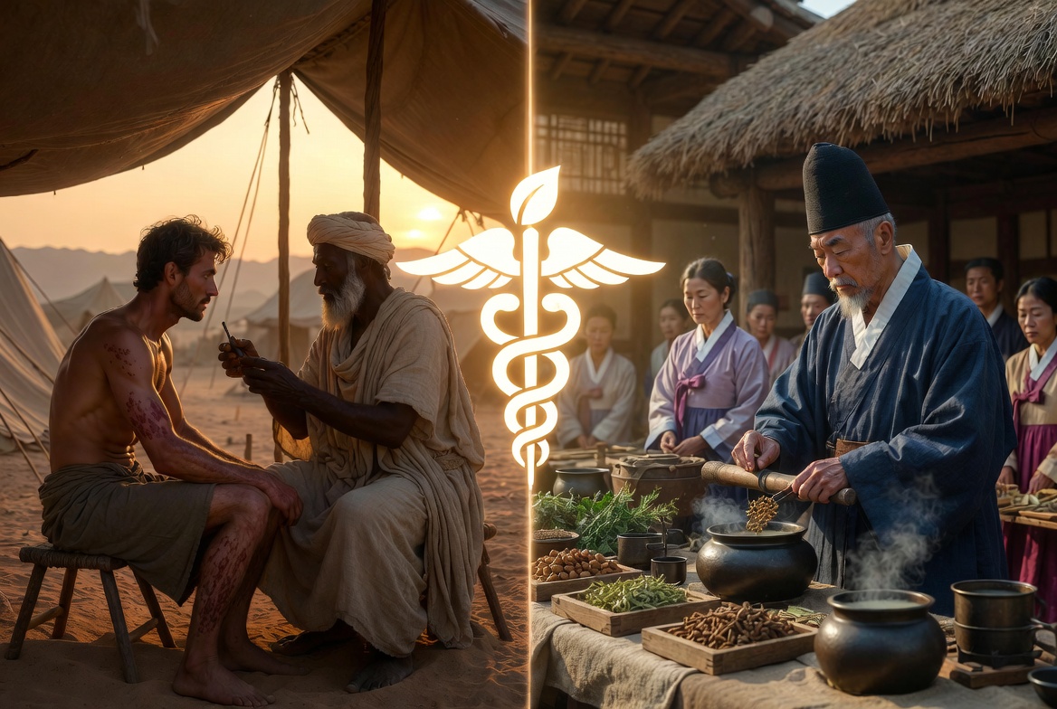 3D medical-historical illustration comparing ancient Israelite public health practices with Joseon Dynasty Korean medicine. Left: A priest examining a soldier’s skin in a desert tent. Right: A royal physician preparing herbal decoctions at a Hwal-in-seo medical center. Central glowing icon symbolizes Public Health.