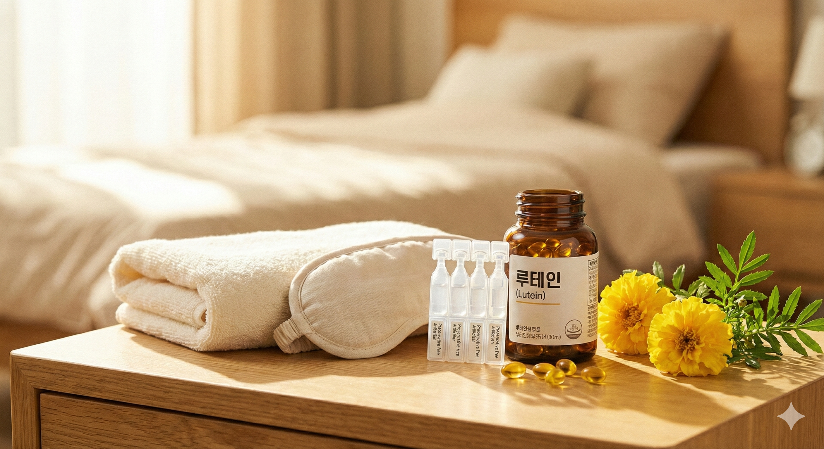 드러운 아침 햇살이 비치는 깨끗한 나무 협탁이나 하얀 책상 위에, 잘 개어놓은 따뜻한 흰색 수건(또는 온열 안대), 방부제가 없는 인공눈물 용기, 그리고 노란색 연질 캡슐이 담긴 루테인 영양제 병을 배치합니다. 그 옆에 눈 건강을 상징하는 신선한 메리골드 꽃이나 초록 잎을 살짝 놓아둡니다. 배경은 흐릿하게 처리된 포근한 침실이나 거실 풍경입니다. 조명은 따뜻하고 부드러워, 눈의 피로가 풀리는 듯한 안도감과 촉촉함을 표현합니다.
