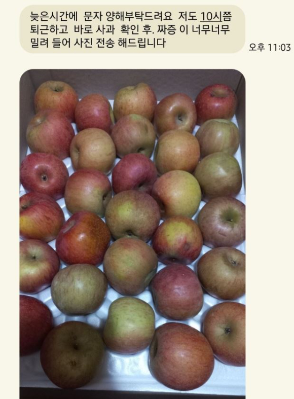 사과를 주문한 고객이 제대로 맛을 보지도 않은 채 환불을 요구해 황당하다는 자영업자의 사연이 전해졌다. 사진은 해당 고객이 보내온 항의 문자. [사진=온라인 커뮤니티 캡처]