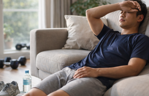 운동 후 피로를 느끼며 휴식을 취하는 모습