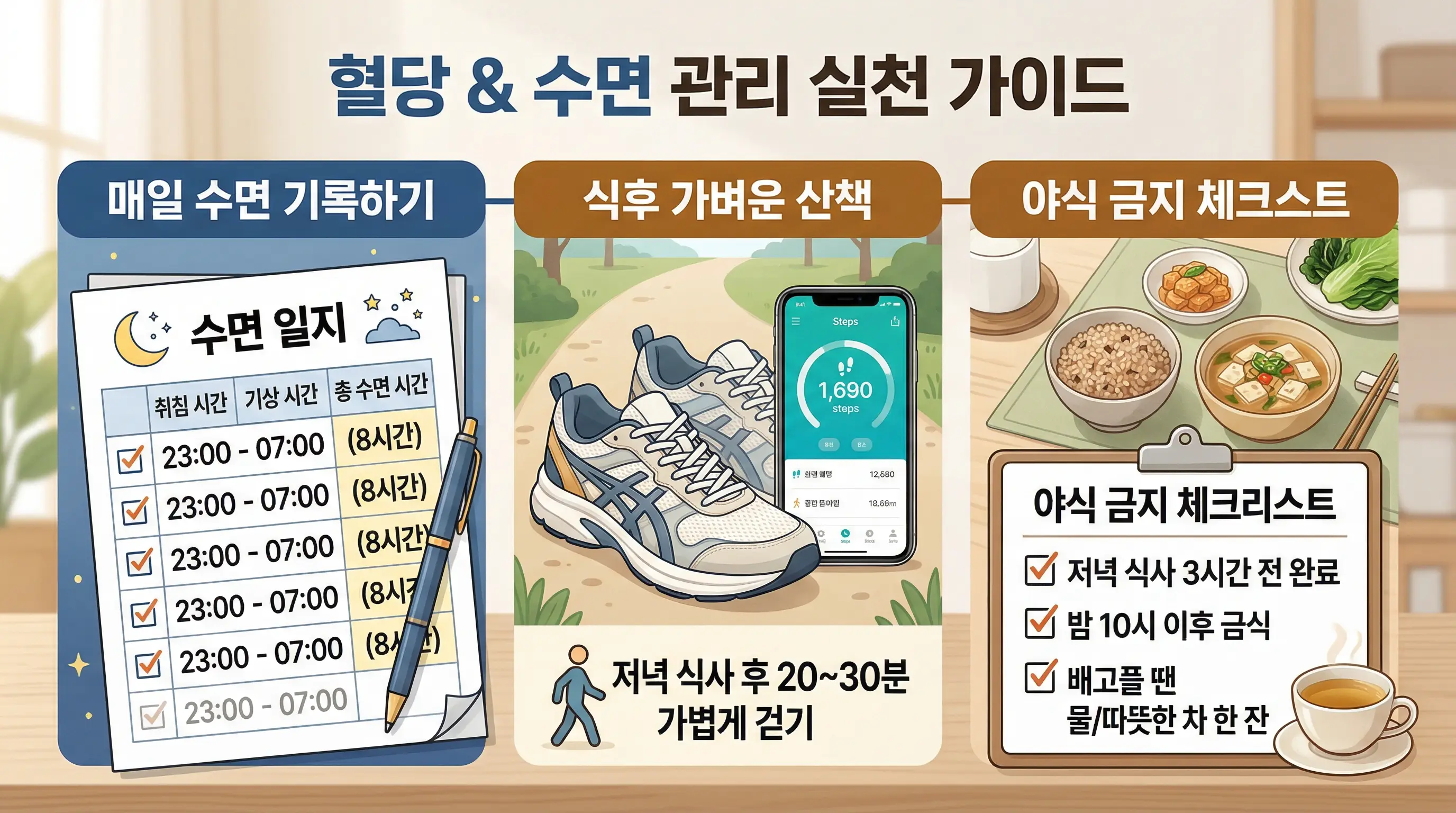 수면과 혈당 관리를 위한 생활습관 실천 이미지