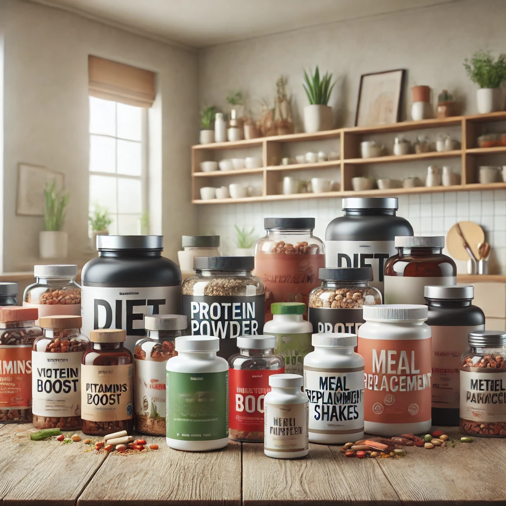다양한 다이어트 보조제를 배경으로 한 이미지