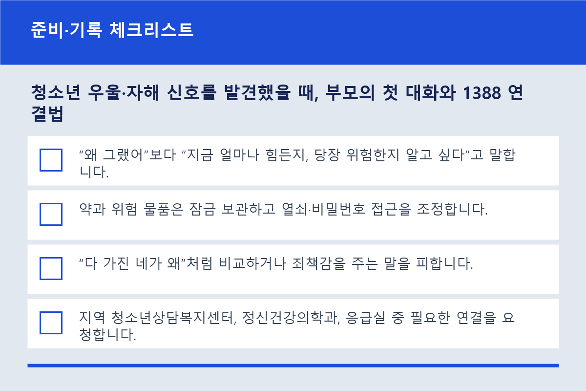 청소년 우울&middot;자해 신호를 발견했을 때, 부모의 첫 대화와 1388 연결법 준비&middot;기록 체크리스트 정보 이미지