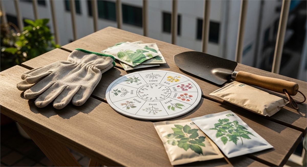 달력과 원예 도구로 4월 파종 시기를 상징한 장면