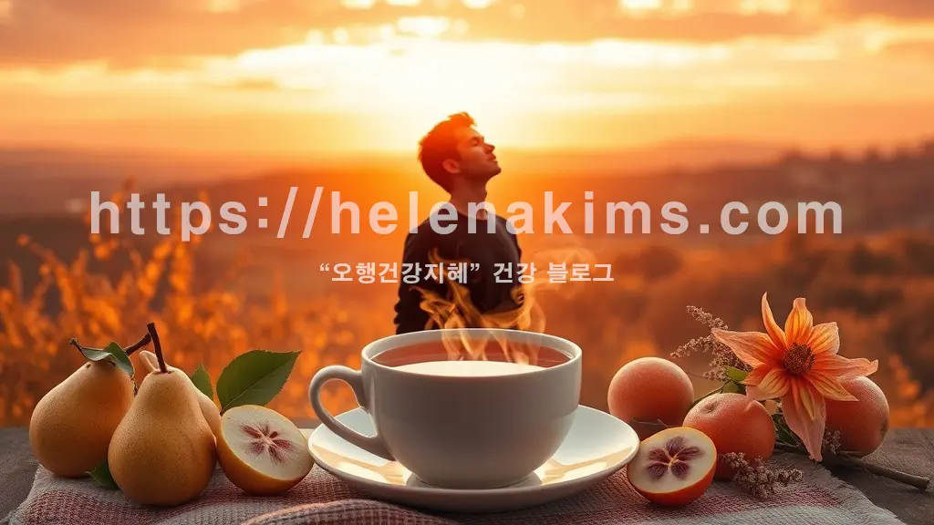 따뜻한 분위기의 환절기 풍경을 배경으로, 건강한 남성의 편안하게 숨 쉬는 실루엣이 중앙에 있고, 주변에는 따뜻한 차 한 잔, 신선한 과일(배, 유자), 그리고 도라지 같은 약용 식물들이 조화롭게 놓여 있다.