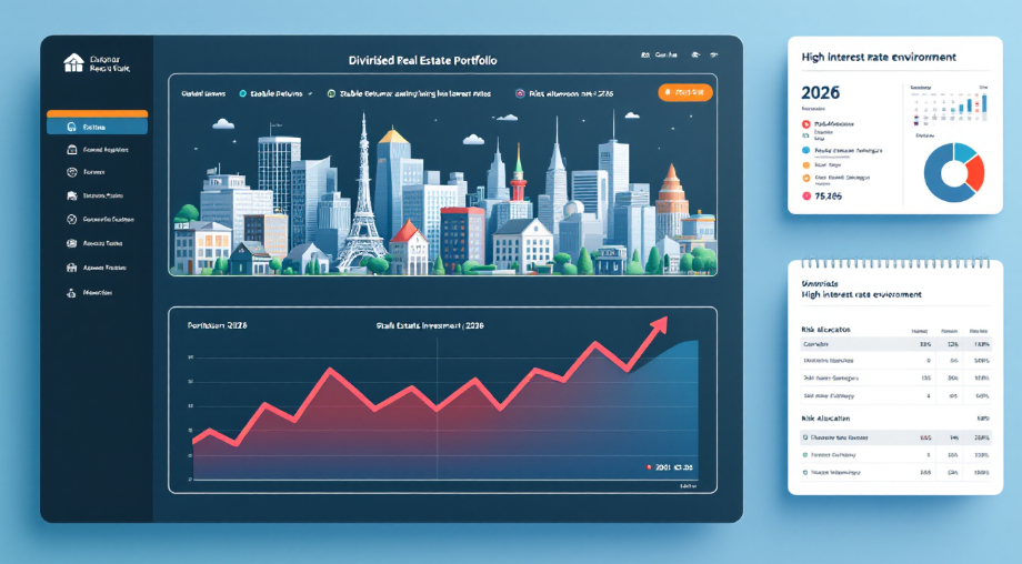 2026년 고금리 시대 자산 다각화 및 리스크 관리 개념을 보여주는 부동산 투자 포트폴리오 이미지