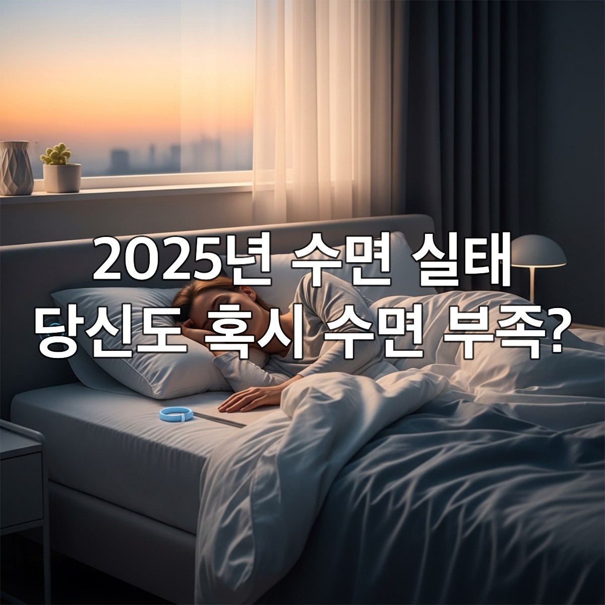 2025년 최신 수면 통계를 보여주는 그래프와 함께 편안하게 잠든 사람의 모습. 스마트 기기가 놓인 침실