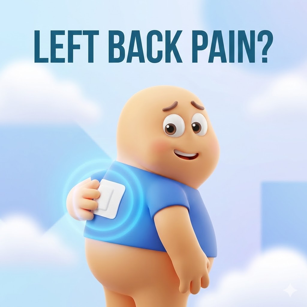 왼쪽 등 통증으로 불편해하는 귀여운 3D 카툰 캐릭터가 파란색 아우라와 함께 "LEFT BACK PAIN?"이라는 문구 앞에서 걱정스러운 표정을 짓고 있는 모습