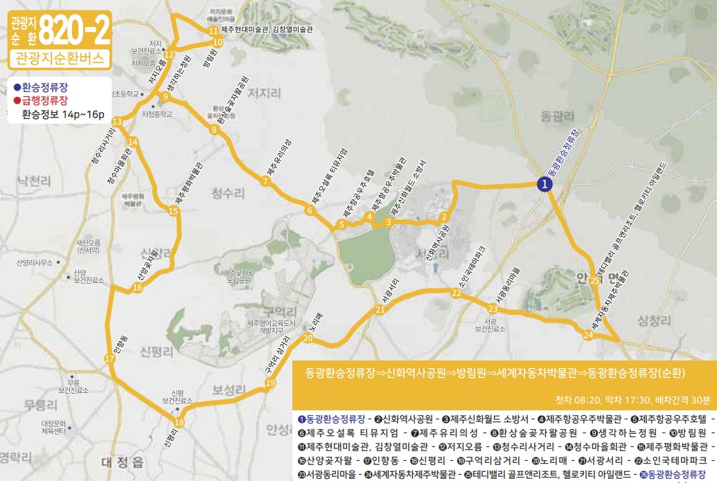 제주도 버스노선 - 관광지순환버스 810-1, 810-2, 820-1, 820-2, 820-3, 서귀포시티투어880, 심야버스3001, 3002, 3003, 3004, 3005, 3006, 3007, 3008