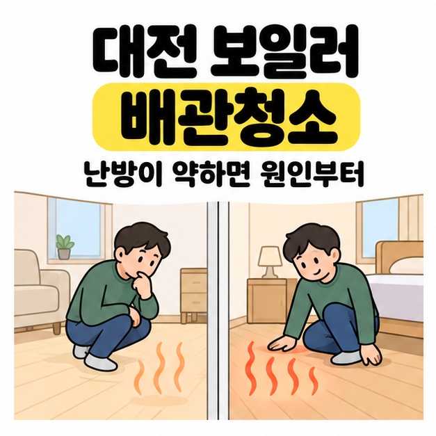대전 보일러 배관청소 제목과 난방이 약하면 원인부터 문구 아래 두 방에서 바닥의 난방 상태를 살펴보는 사람이 그려진 표지 카드