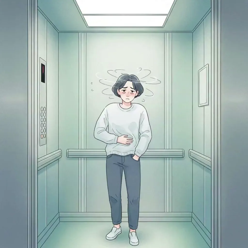 엘리베이터 안에서 어지러워하는 사람