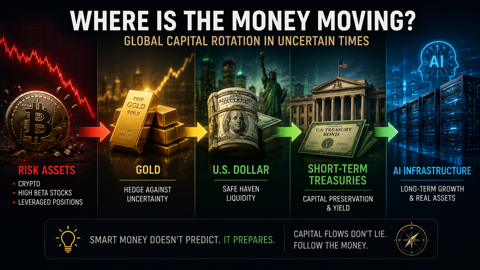 Capital shifting from risk assets into gold, cash, Treasury bonds, and AI infrastructure during a market rebalancing cycle.