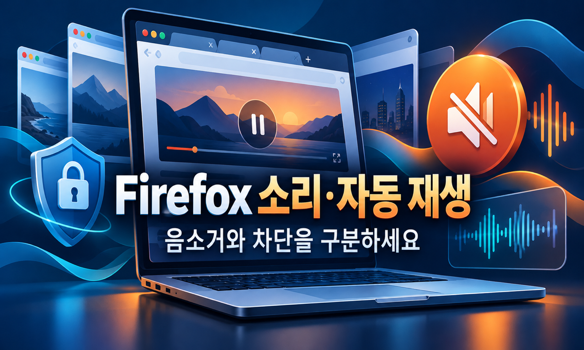 노트북 브라우저의 음소거 스피커와 정지된 동영상으로 Firefox 소리&middot;자동 재생 설정을 설명한 삽화