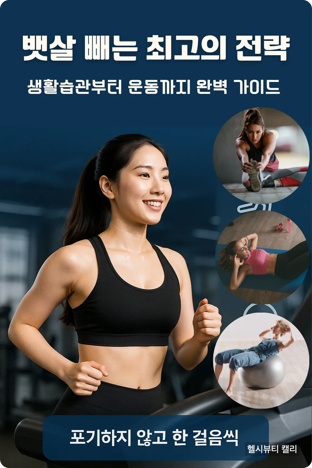 뱃살 빼는 최고의 전략 인포그래픽: 헬스장에서 달리기 운동, 포기하지 않고 한 걸음씩