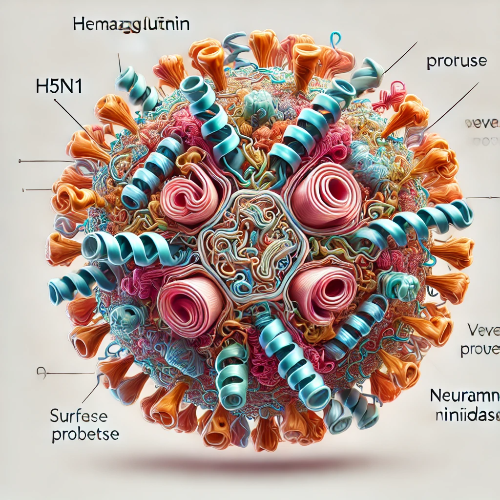 H5N1 바이러스 구조를 보여주는 과학적 일러스트. 헤마글루티닌(H)과 뉴라미니다제(N) 단백질이 표면에 존재함.