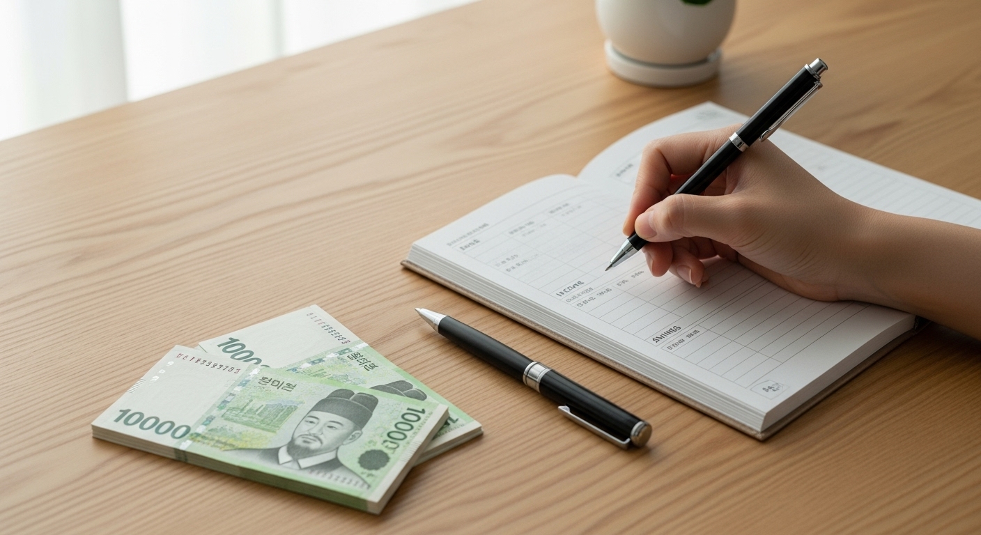 깔끔하게 정리된 책상에서 예산 계획을 세우는 한국인의 손, 효율적인 재정 관리와 절약 습관을 상징합니다.