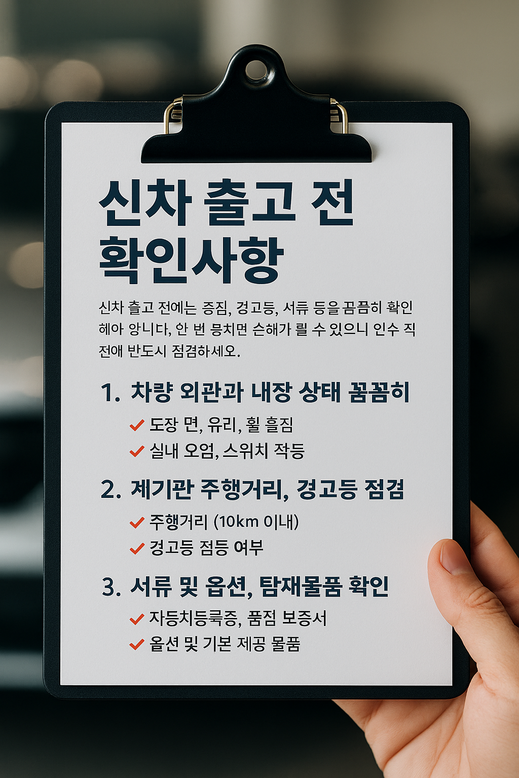 신차 출고 전 체크리스트 확인하는 사람